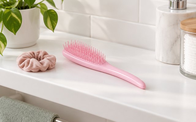 Tangle Teezer Ultimate Detangler, on a white bathroom shelf beside a hair tie