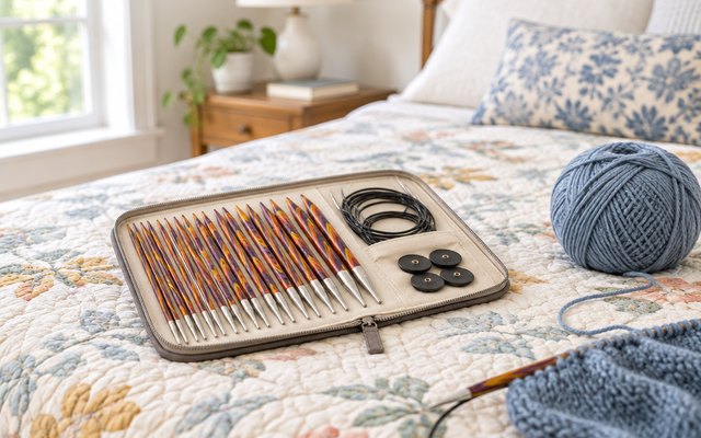 Knit Picks Radiant Wood needle set, on a quilt-covered bed in a bright guest room beside a ball of yarn