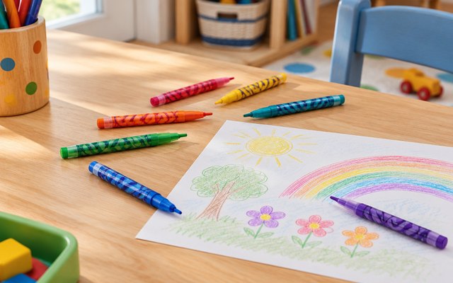 Crayola Twistables colored pencils, scattered on a playroom table beside a colored-pencil drawing