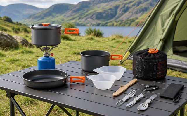 Camping cookware set, on a camping table outside a tent at a Lake District campsite