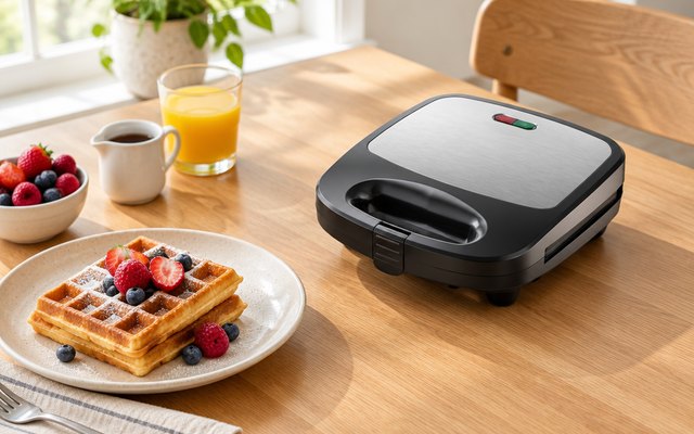 BLACK+DECKER 3-in-1 maker, on a breakfast nook table beside a plate of waffles