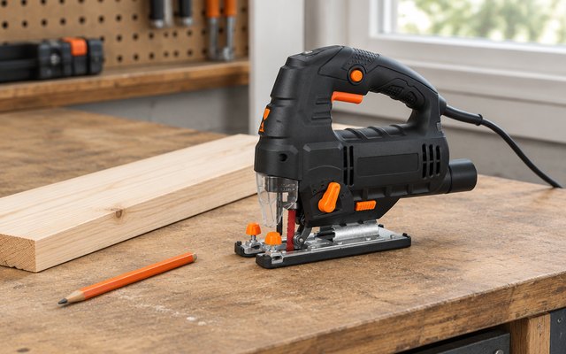 WEN 33606 jigsaw, on a garage workbench beside a straight-cut board and a carpenter's pencil
