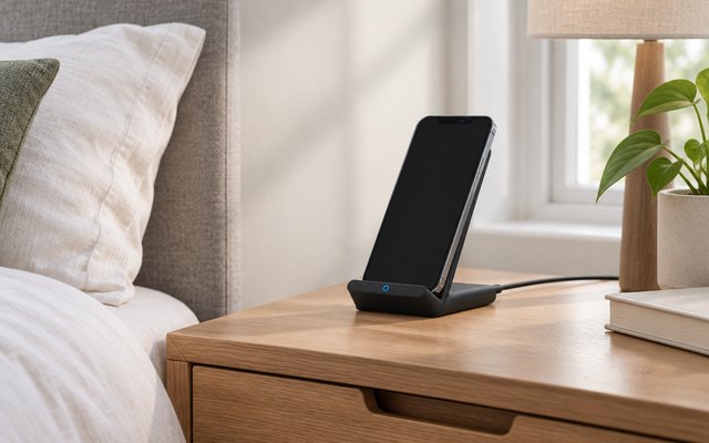 Anker 313 wireless charger stand, on a bedside table holding a phone upright