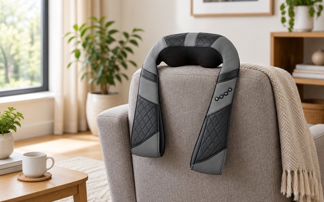 RESTECK shiatsu neck and back massager, draped over the back of an armchair in a living room