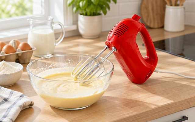 OVENTE 5-speed hand mixer, on a small apartment kitchen counter beside a bowl of pancake batter