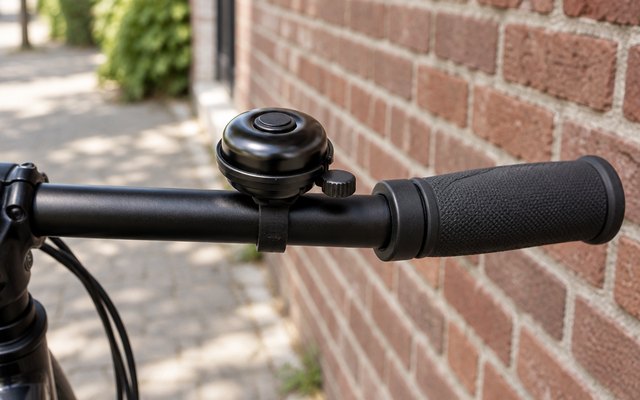 Accmor classic bike bell, on the handlebar of a city bike parked by a brick wall on a quiet street