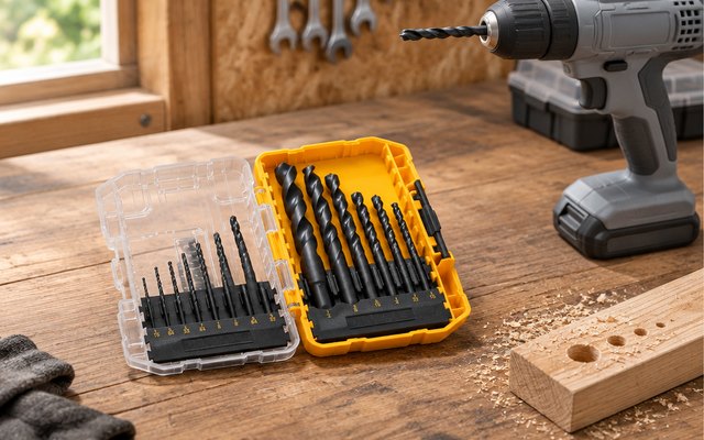 DEWALT 14-piece drill bit set, on a wooden garage workbench beside a cordless drill and a piece of scrap wood with fresh holes
