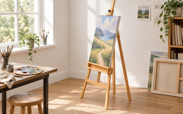 MEEDEN Large Beech A-Frame Studio Easel, wooden A-frame studio easel standing in a bright artist studio corner holding a half-finished landscape painting on can