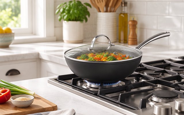 Cooks Standard nonstick wok, on a gas range in a bright American kitchen, stir-fried vegetables inside