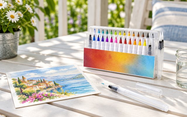 CHROMATEK watercolor brush pens, on a sunny porch table beside a painted watercolor postcard