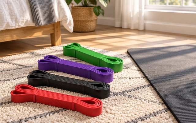 LEEKEY Resistance Bands for Pull-Up Assistance, Set of 4, on a rug in a sunny bedroom beside a mat