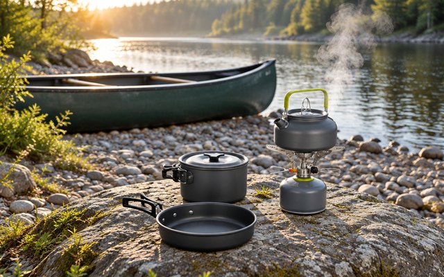Grey camping pots, pan and green-handled kettle on a riverbank beside a canoe