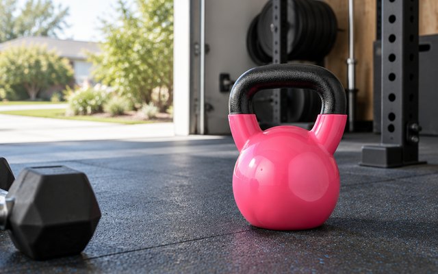 Amazon Basics Vinyl Kettlebell, on the rubber floor of a garage gym, door open to daylight