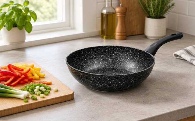 Blackmoor non-stick wok, on a kitchen worktop beside a chopping board of sliced peppers and spring onions