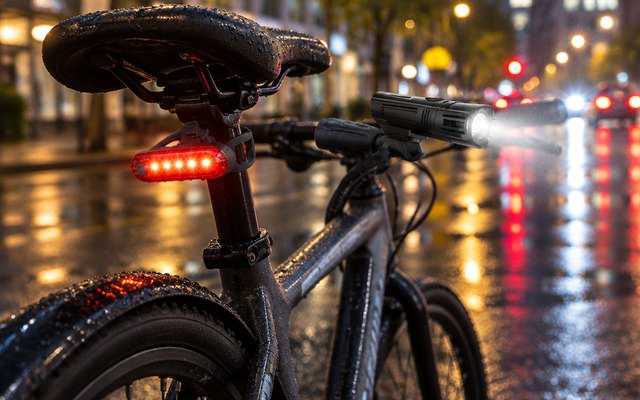 Ascher USB Rechargeable Bike Light Set, on a bicycle on a wet city street at night with reflections
