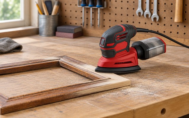 SKIL detail sander, resting on a small wooden picture frame being refinished on a garage workbench, pegboard behind