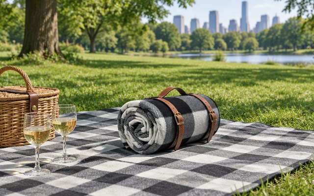 PortableAnd picnic blanket, on the lawn of a city park with two glasses and a small picnic basket