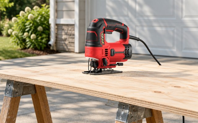 SKIL 6 Amp corded jigsaw, resting on a sheet of plywood across sawhorses in a driveway