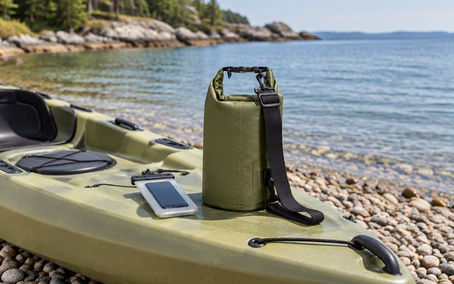 Unigear dry bag, on the deck of a sit-on-top kayak pulled up on a pebble beach