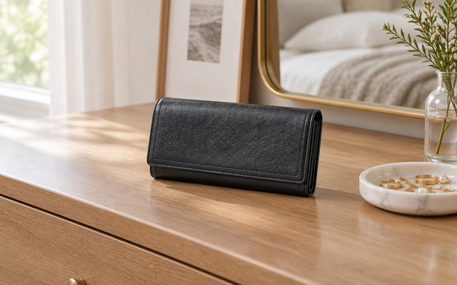 Fossil Logan clutch wallet, on a bedroom dresser beside a small jewelry dish