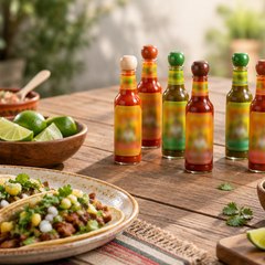 Cholula variety pack, six bottles on a taco-night table