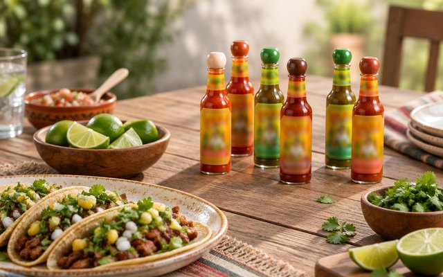 Cholula variety pack, six bottles on a taco-night table