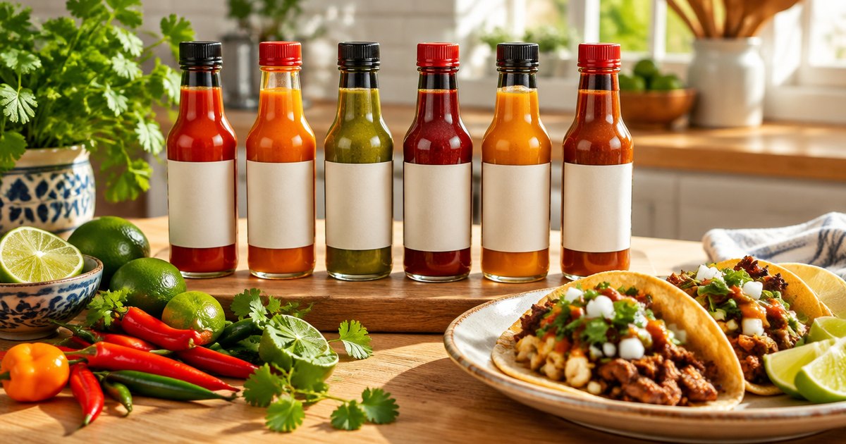 A row of six hot sauce bottles on a wooden board beside tacos, chilies and limes