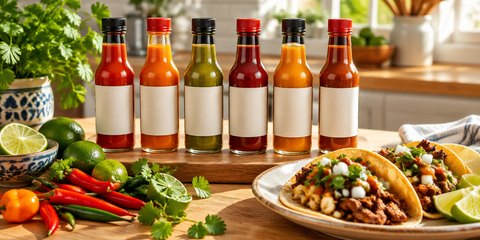 A row of six hot sauce bottles on a wooden board beside tacos, chilies and limes