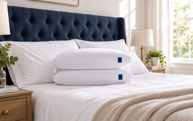 ACCURATEX adjustable pillows, on a king bed with a tufted navy headboard in morning light
