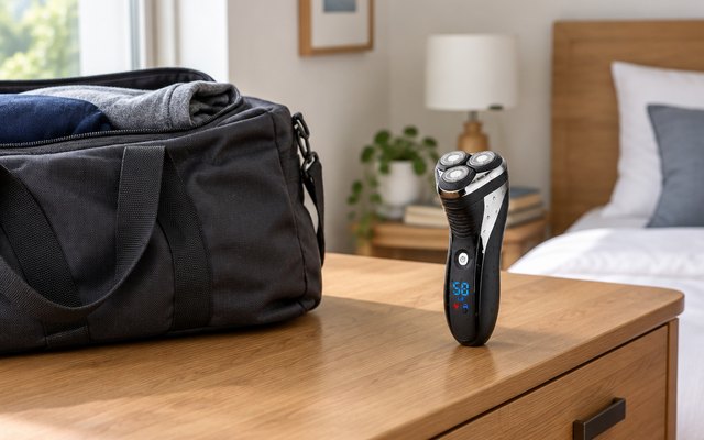 Hatteker rotary shaver, on a bedroom dresser beside a packed weekend duffel bag