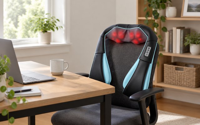 Mo Cuishle neck massager, draped over the back of a desk chair in a home office, a laptop and a mug on the desk