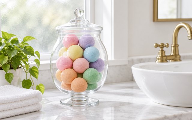 Twelve round pastel bath bombs in a tall glass jar on a marble vanity beside a basin