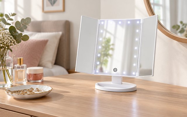 FASCINATE tri-fold vanity mirror, on a bedroom dressing table beside a jewelry dish