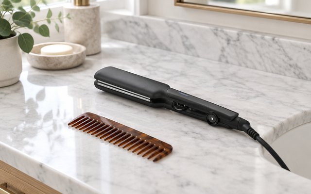 Revlon 2-inch flat iron, on a marble bathroom counter beside a wide-tooth comb