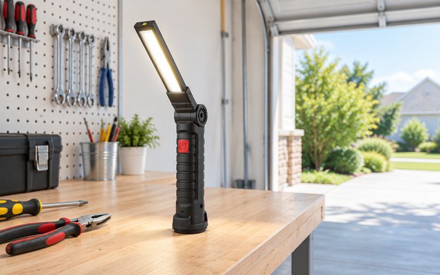 Coquimbo LED work light, switched on and standing on a garage workbench beside a few hand tools, the roll-up door open onto a sunny driveway