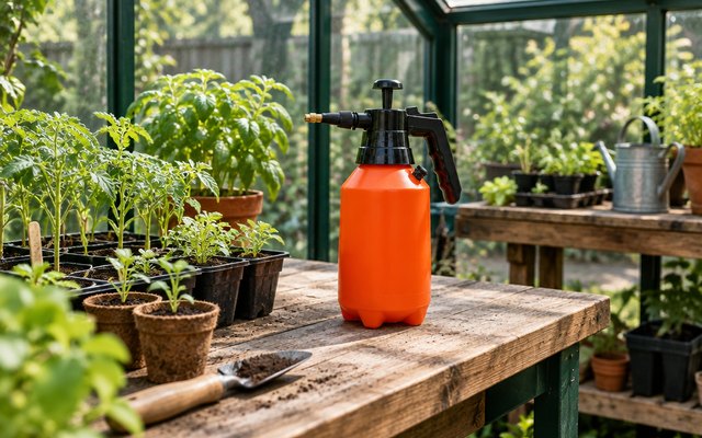 POLYTE pump pressure sprayer, on the potting bench inside a small backyard greenhouse among seedlings