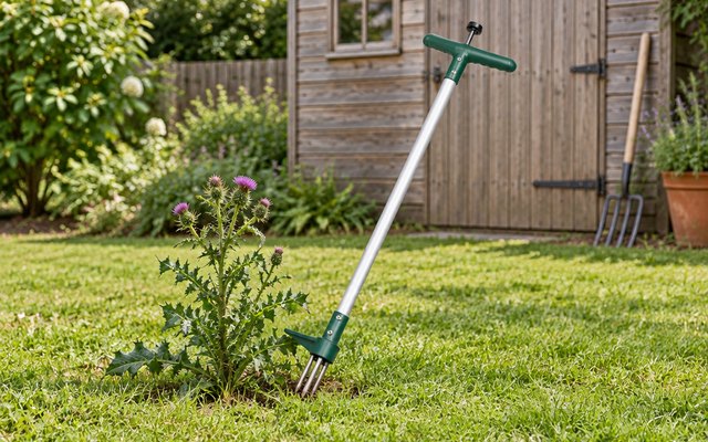 Stand-up weed puller, pushed into a lawn next to a thistle, a garden shed behind