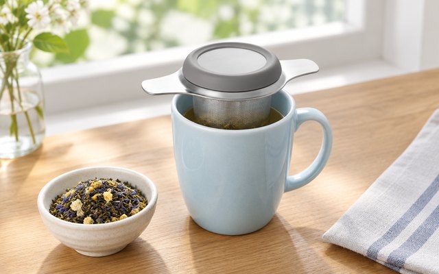 OXO Brew tea basket with its lid on, steeping in a mug on a breakfast tray