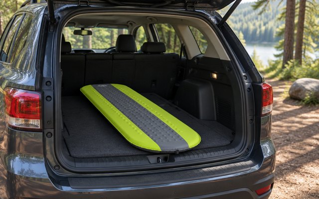 Gear Doctors Oxylus sleeping pad, in the back of an SUV with the hatch open at a forest campsite