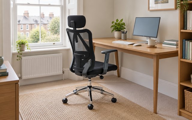 SIHOO M18 office chair, at a home office desk in a British spare room with a sash window