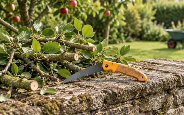 GRÜNTEK Zander pruning saw, on a garden wall beside pruned branches