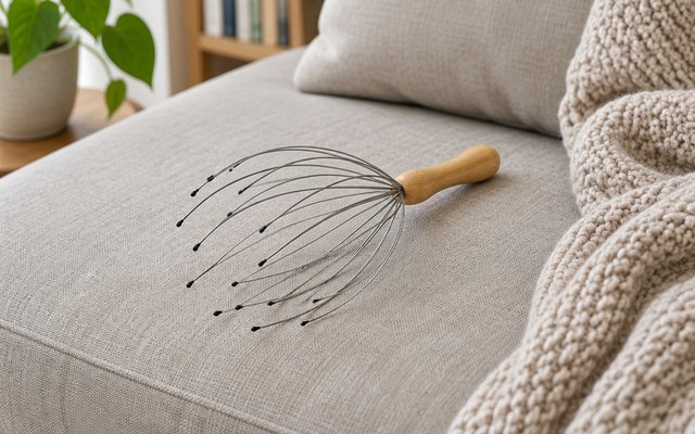 BAMBUA head massager, lying on a sofa cushion beside a knitted throw in a living room