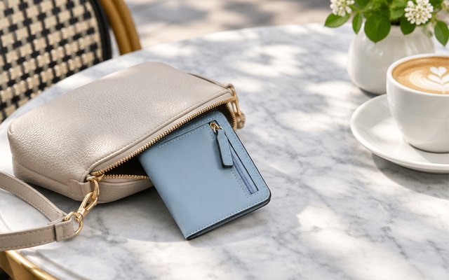 Toughergun slim wallet, half out of a small crossbody bag on a café table