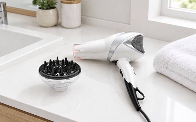 Revlon infrared hair dryer, on a white bathroom vanity beside a folded towel