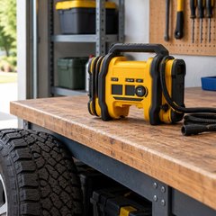 Yellow and black tire inflator with its hose coiled on a garage workbench