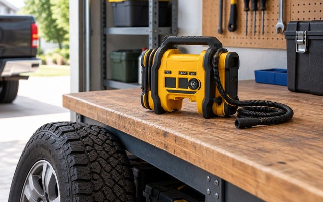 Yellow and black tire inflator with its hose coiled on a garage workbench