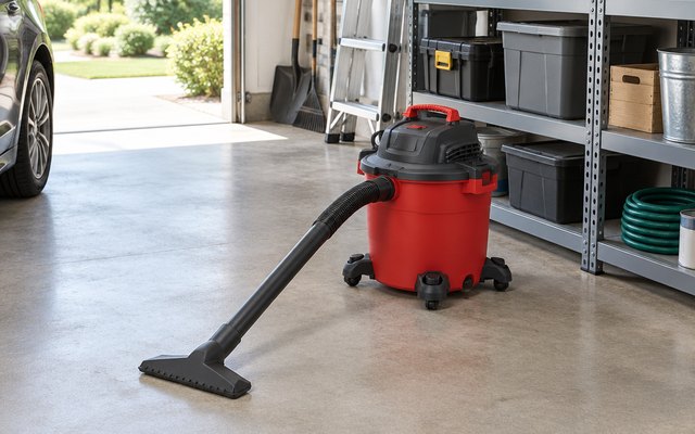 CRAFTSMAN 16-gallon wet/dry vac, in a tidy two-car garage beside metal storage shelves
