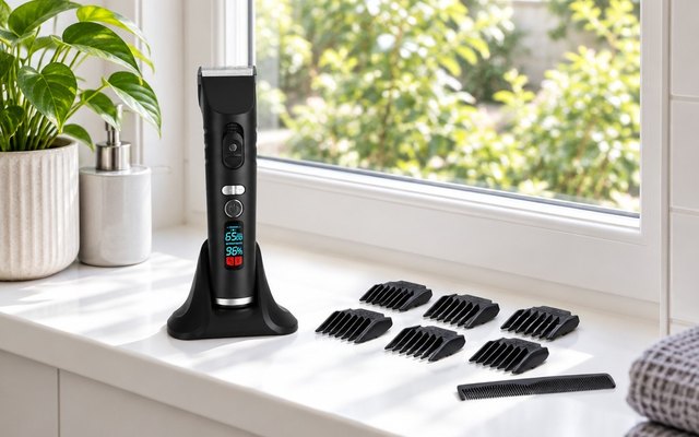 Black cordless hair clipper in its charging base on a bright windowsill