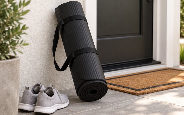 Gaiam Essentials Thick Yoga Mat, rolled up leaning against a wall by a front door with sneakers