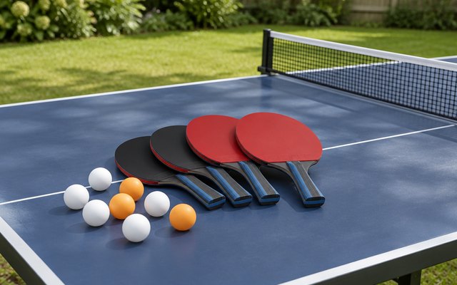 Set of four table tennis bats and balls, on an outdoor table tennis table in a garden